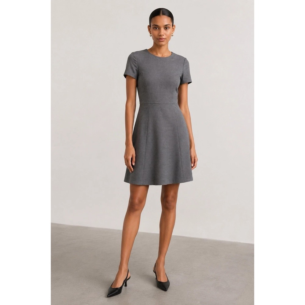 Theory Albita Fit Flare Mini Check Dress In White Blue Women's Size 12